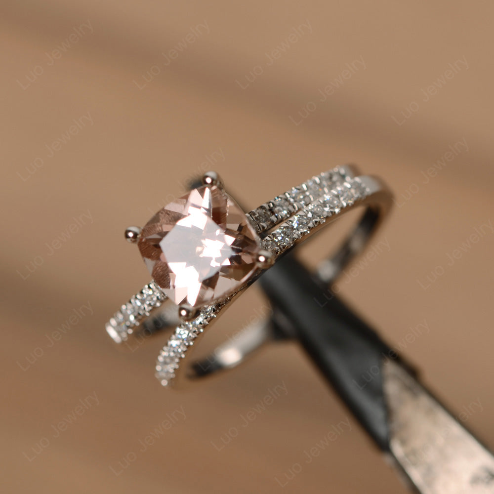 Cushion Cut Morganite Engagement Rings With Wedding Band - LUO Jewelry