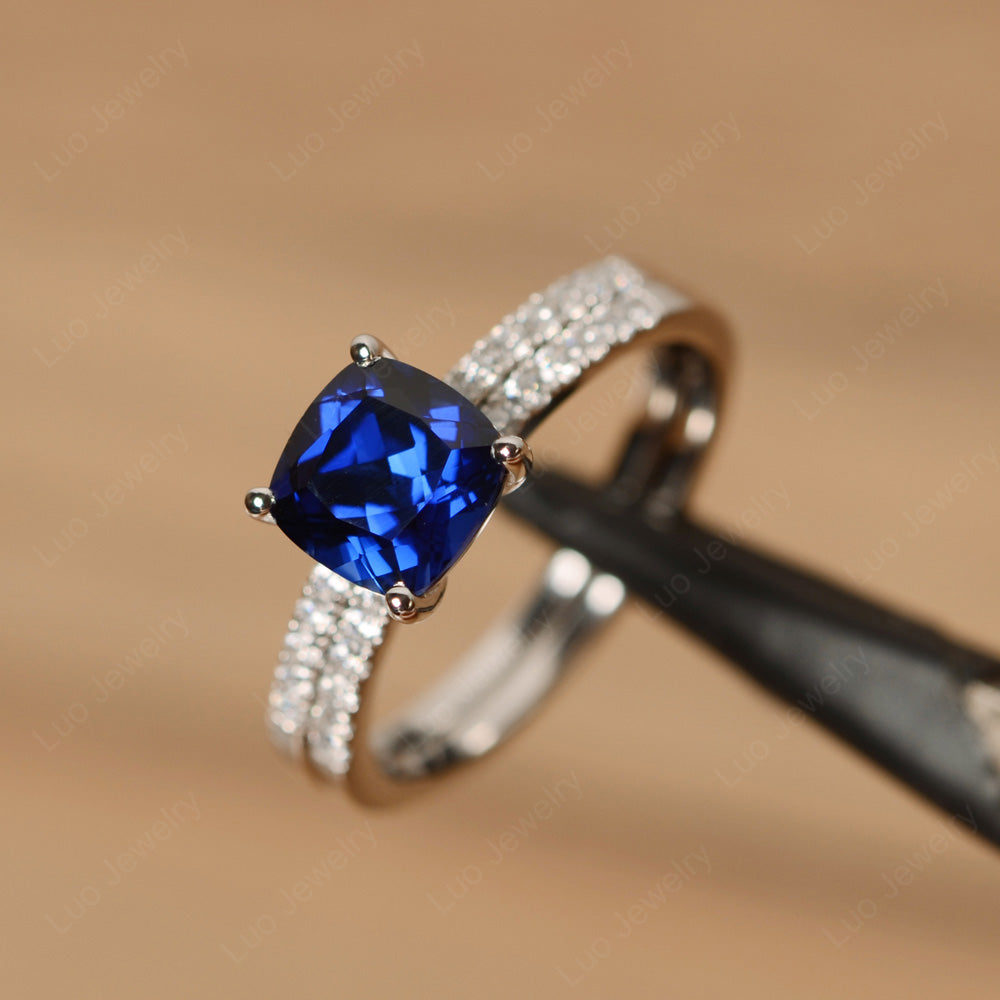 Cushion Cut Lab Sapphire Engagement Rings With Wedding Band - LUO Jewelry