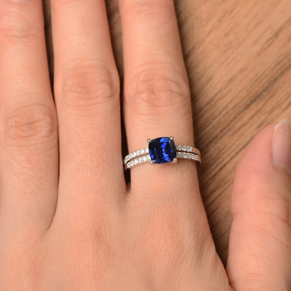 Cushion Cut Lab Sapphire Engagement Rings With Wedding Band - LUO Jewelry