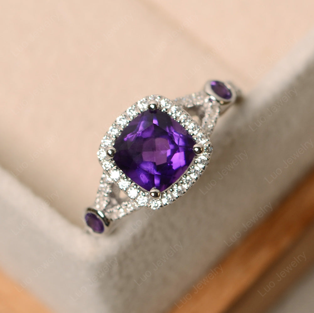 Cushion Cut Art Deco Amethyst Wedding Ring - LUO Jewelry