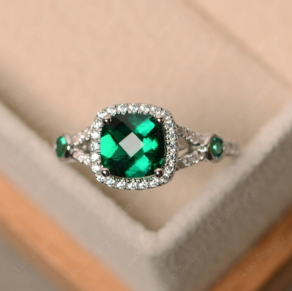 Cushion Cut Art Deco Lab Emerald Wedding Ring - LUO Jewelry