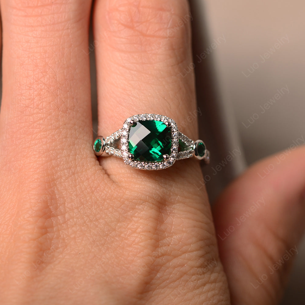 Cushion Cut Art Deco Lab Emerald Wedding Ring - LUO Jewelry