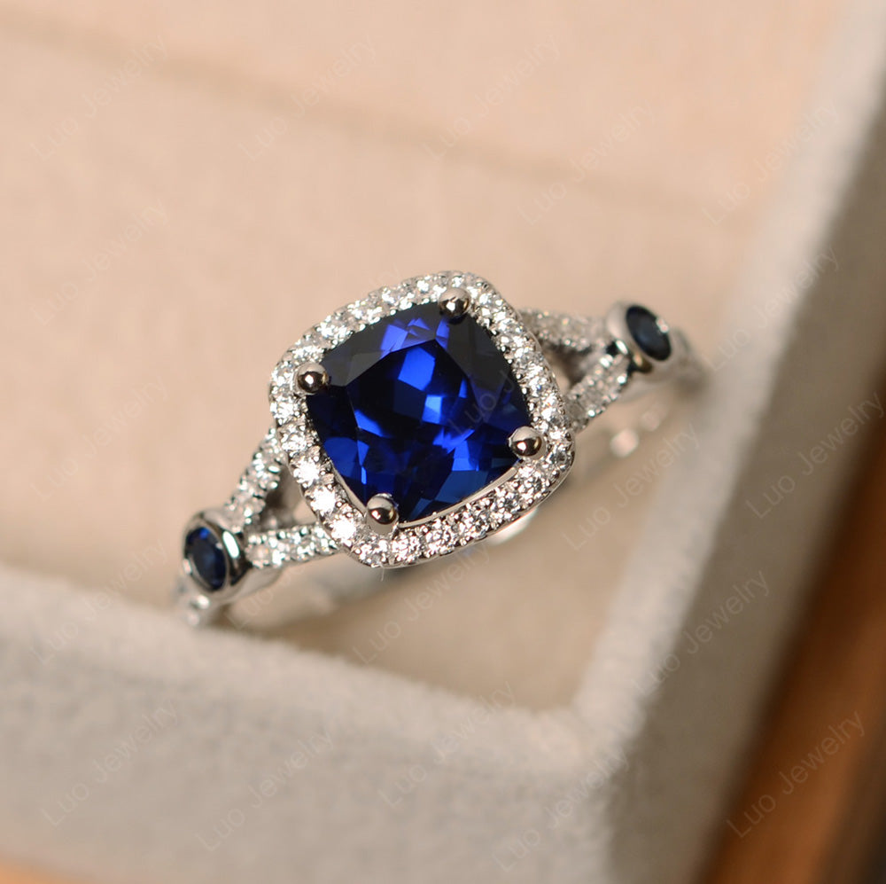 Cushion Cut Art Deco Lab Sapphire Wedding Ring - LUO Jewelry