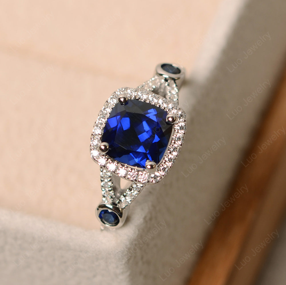 Cushion Cut Art Deco Lab Sapphire Wedding Ring - LUO Jewelry