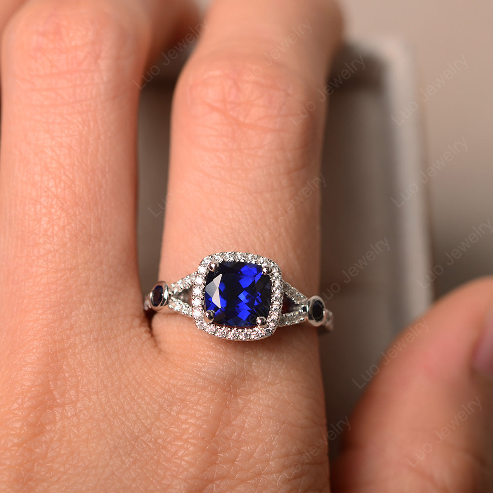 Cushion Cut Art Deco Lab Sapphire Wedding Ring - LUO Jewelry