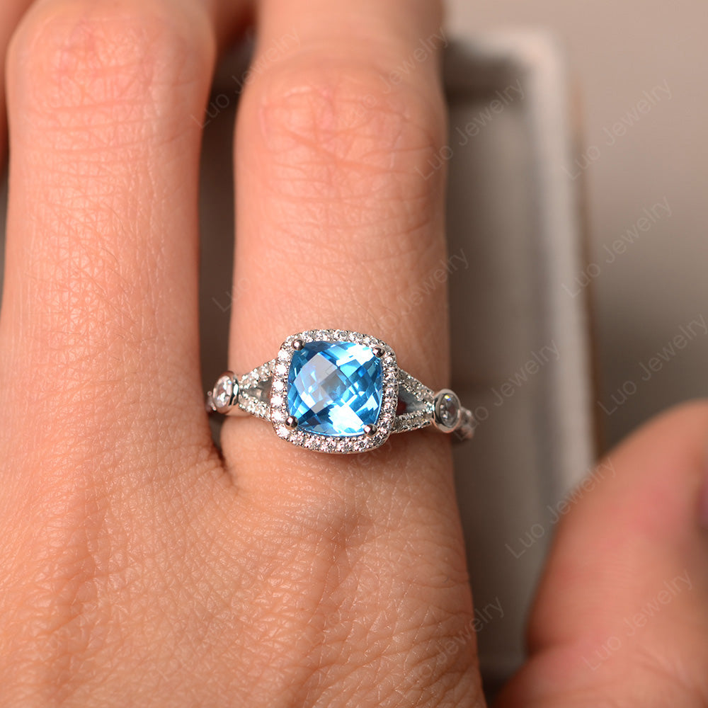 Cushion Cut Art Deco Swiss Blue Topaz Wedding Ring - LUO Jewelry