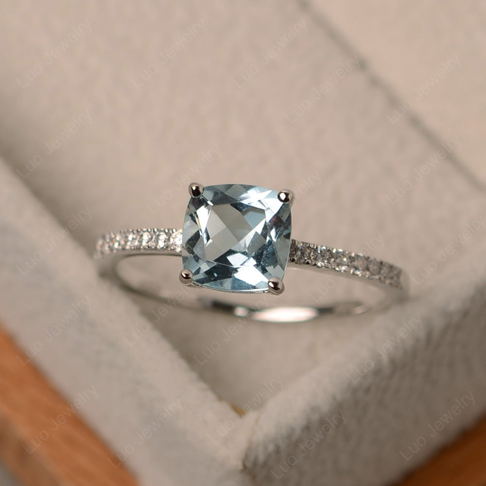 Aquamarine Wedding Ring Cushion Cut White Gold - LUO Jewelry