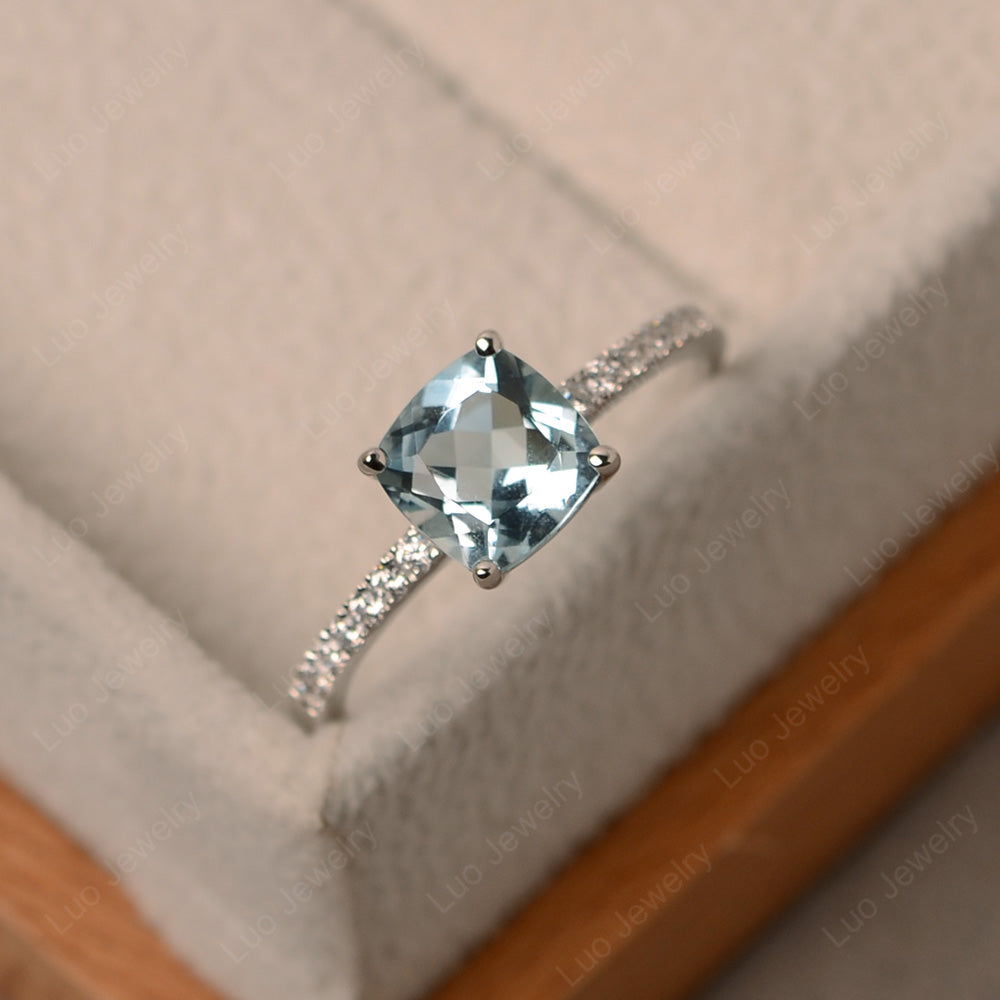 Aquamarine Wedding Ring Cushion Cut White Gold - LUO Jewelry