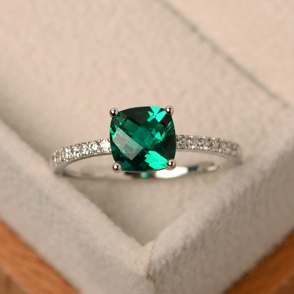 Lab Emerald Wedding Ring Cushion Cut White Gold - LUO Jewelry