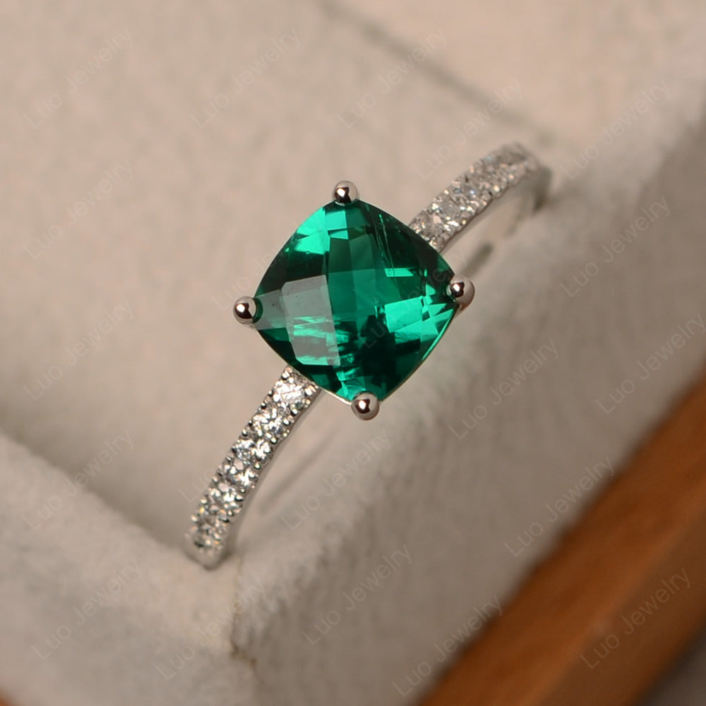 Lab Emerald Wedding Ring Cushion Cut White Gold - LUO Jewelry