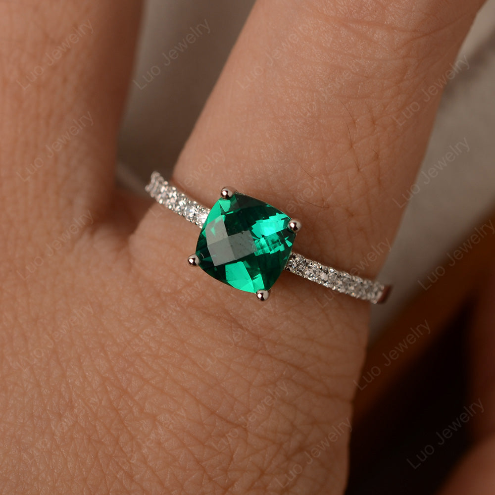 Lab Emerald Wedding Ring Cushion Cut White Gold - LUO Jewelry