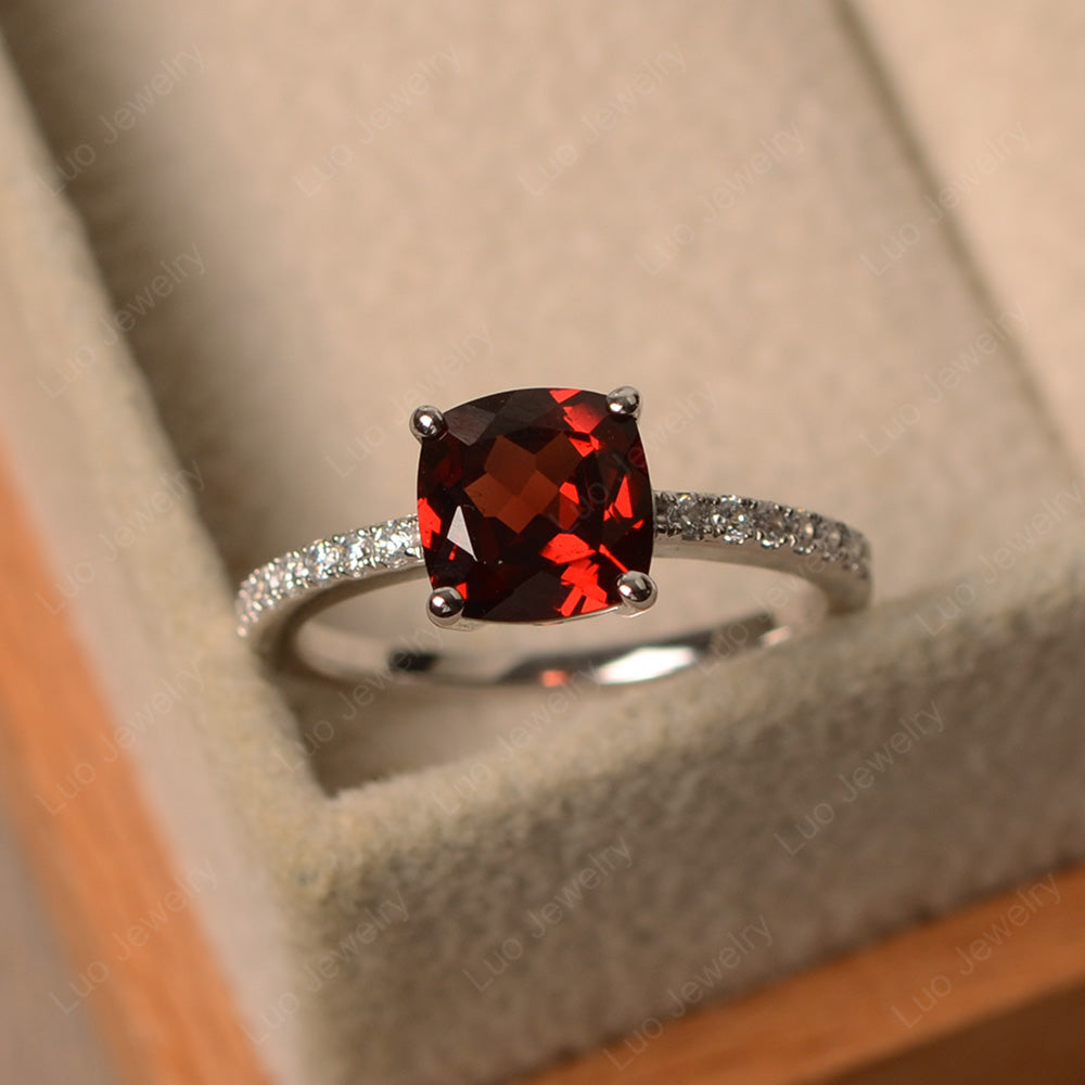 Garnet Wedding Ring Cushion Cut White Gold - LUO Jewelry