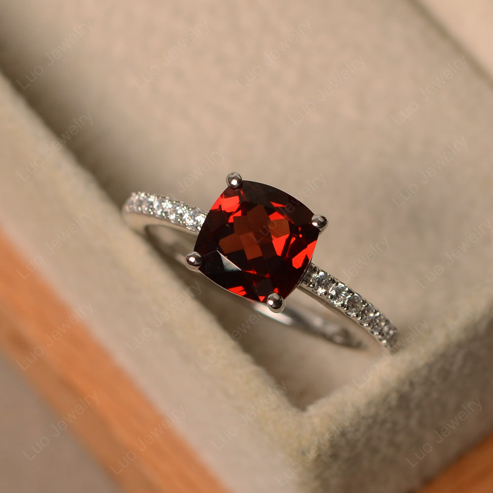 Garnet Wedding Ring Cushion Cut White Gold - LUO Jewelry