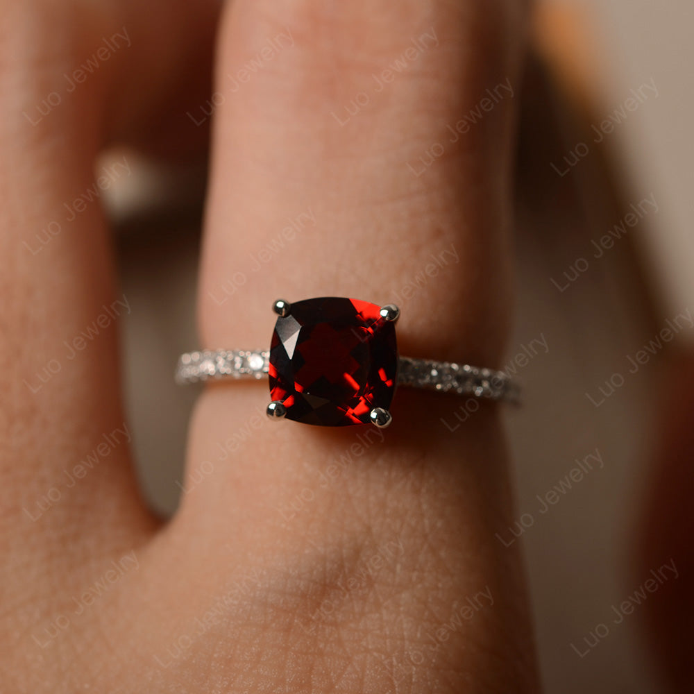 Garnet Wedding Ring Cushion Cut White Gold - LUO Jewelry