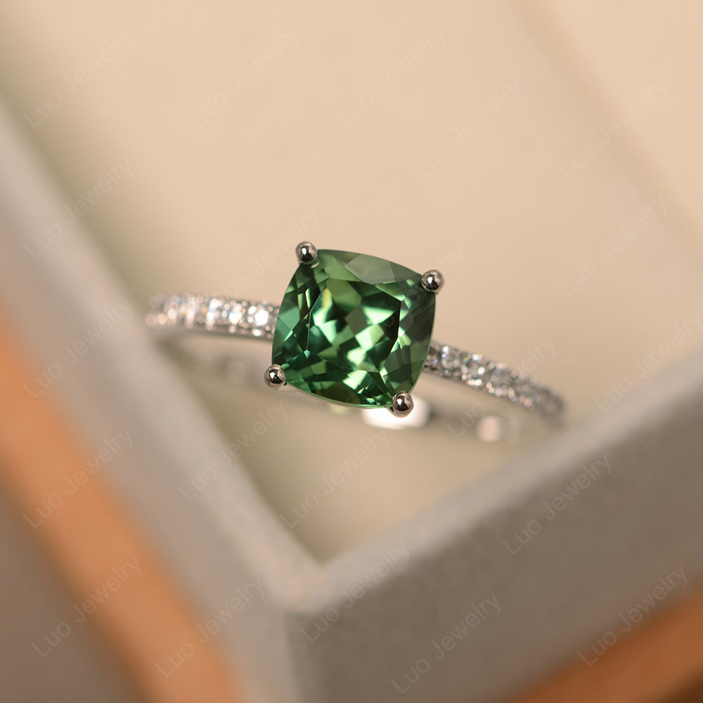 Green Sapphire Wedding Ring Cushion Cut White Gold - LUO Jewelry