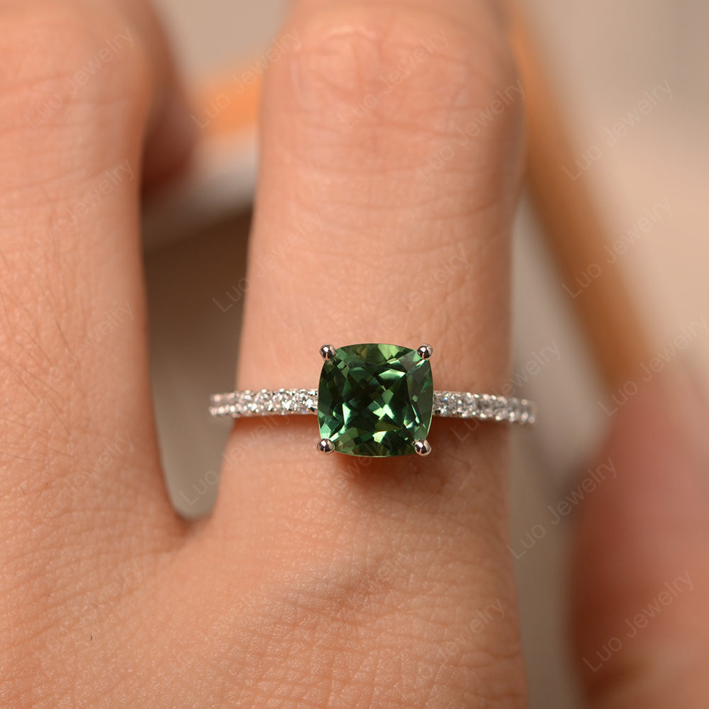Green Sapphire Wedding Ring Cushion Cut White Gold - LUO Jewelry