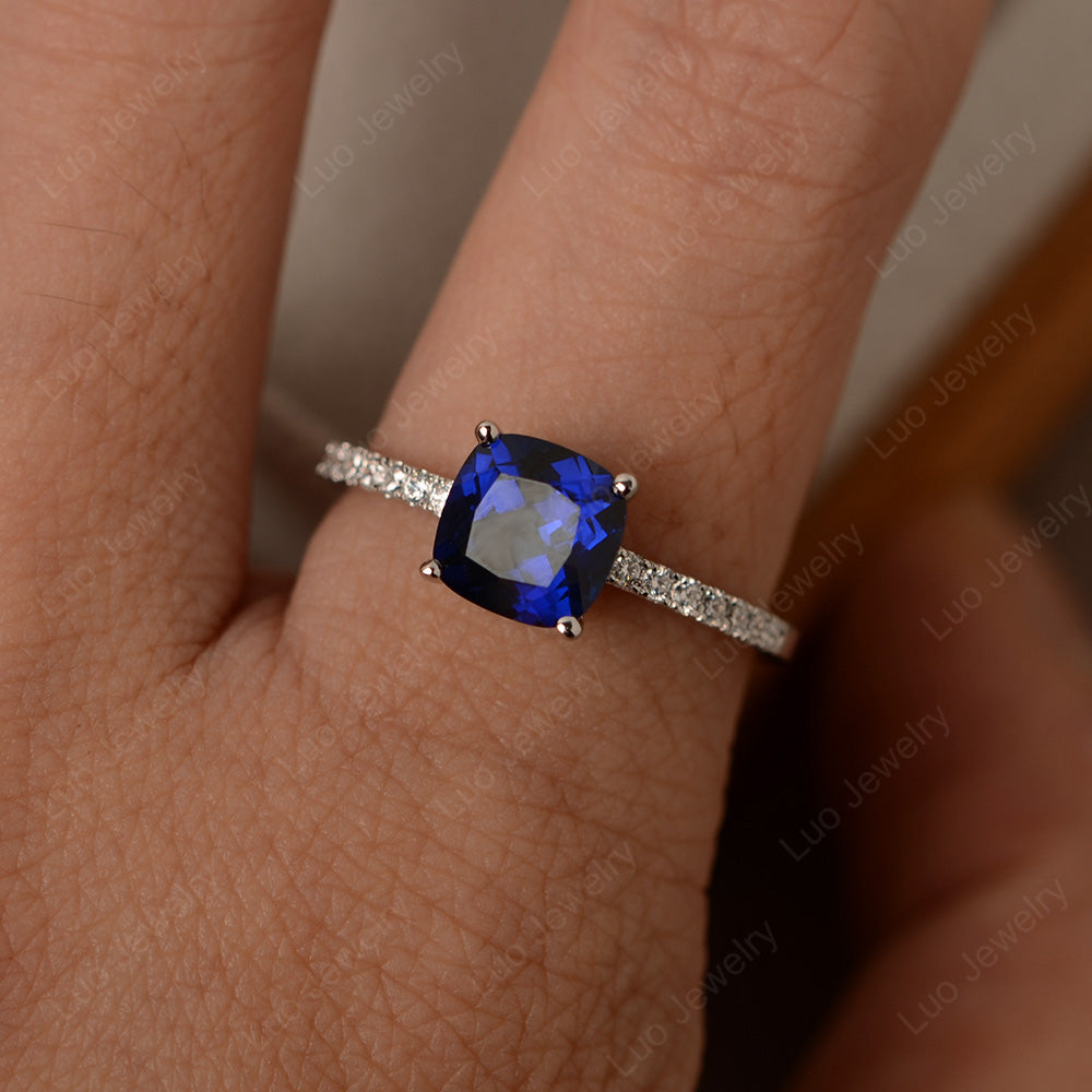 Lab Sapphire Wedding Ring Cushion Cut White Gold - LUO Jewelry