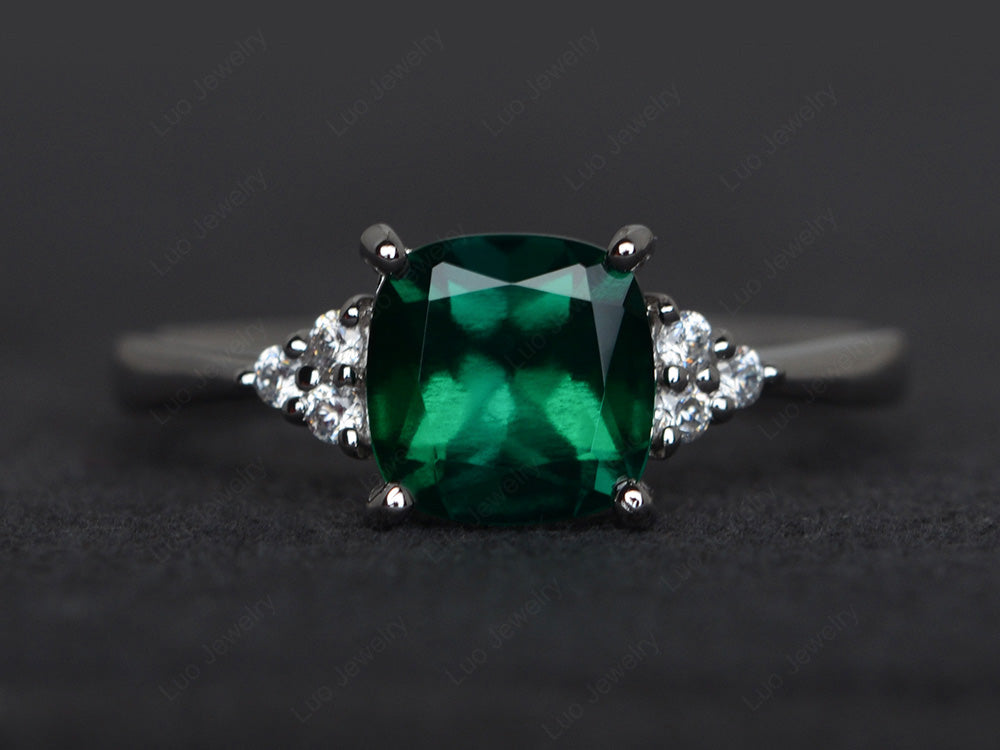 Cushion Cut Lab Emerald Wedding Ring White Gold - LUO Jewelry