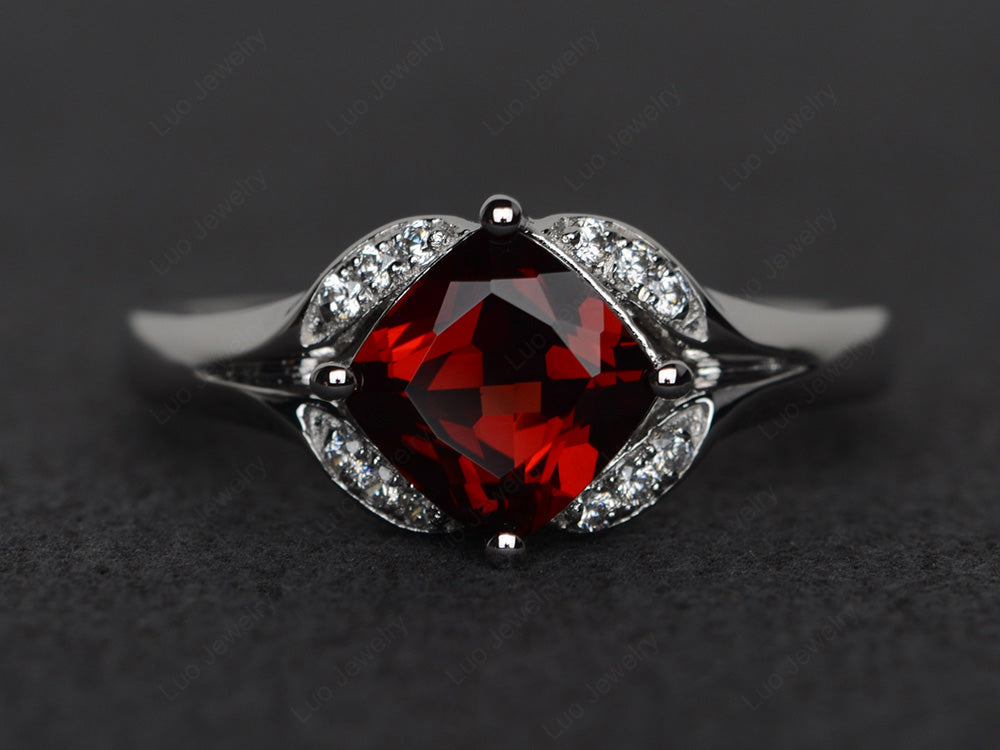 Art Deco Garnet Engagement Ring Cushion Cut - LUO Jewelry