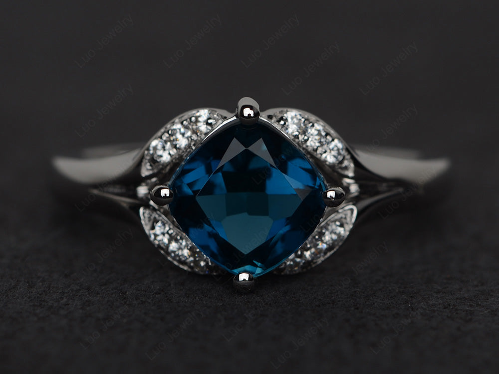 Art Deco London Blue Topaz Engagement Ring Cushion Cut - LUO Jewelry