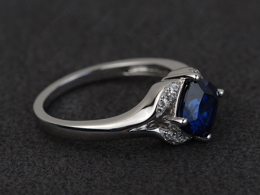 Art Deco Lab Sapphire Engagement Ring Cushion Cut - LUO Jewelry