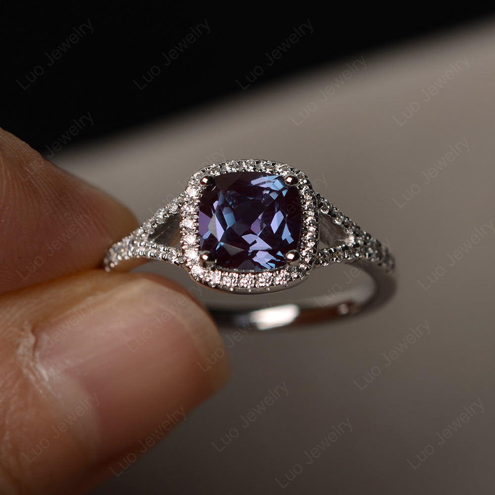 Cushion Alexandrite Halo Split Shank Engagement Ring - LUO Jewelry