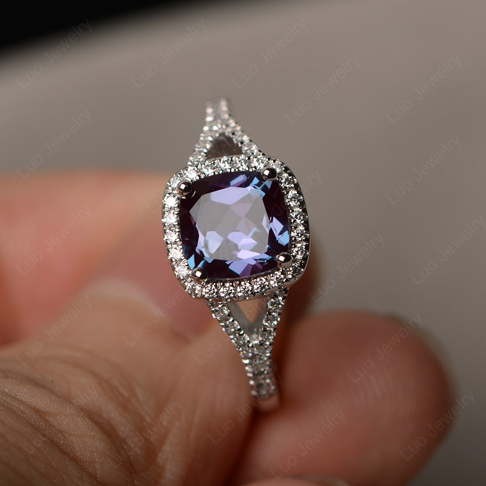 Cushion Alexandrite Halo Split Shank Engagement Ring - LUO Jewelry