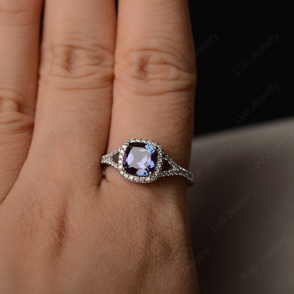 Cushion Alexandrite Halo Split Shank Engagement Ring - LUO Jewelry