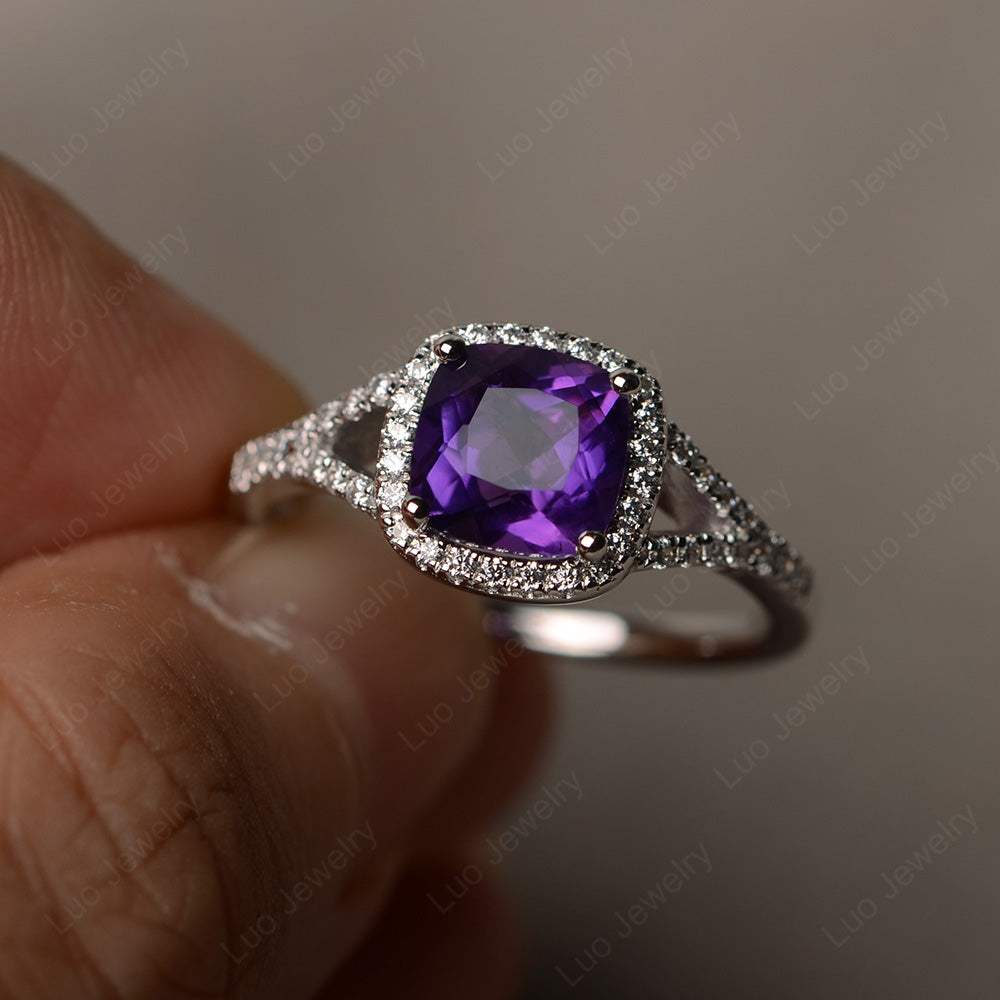 Cushion Amethyst Halo Split Shank Engagement Ring - LUO Jewelry