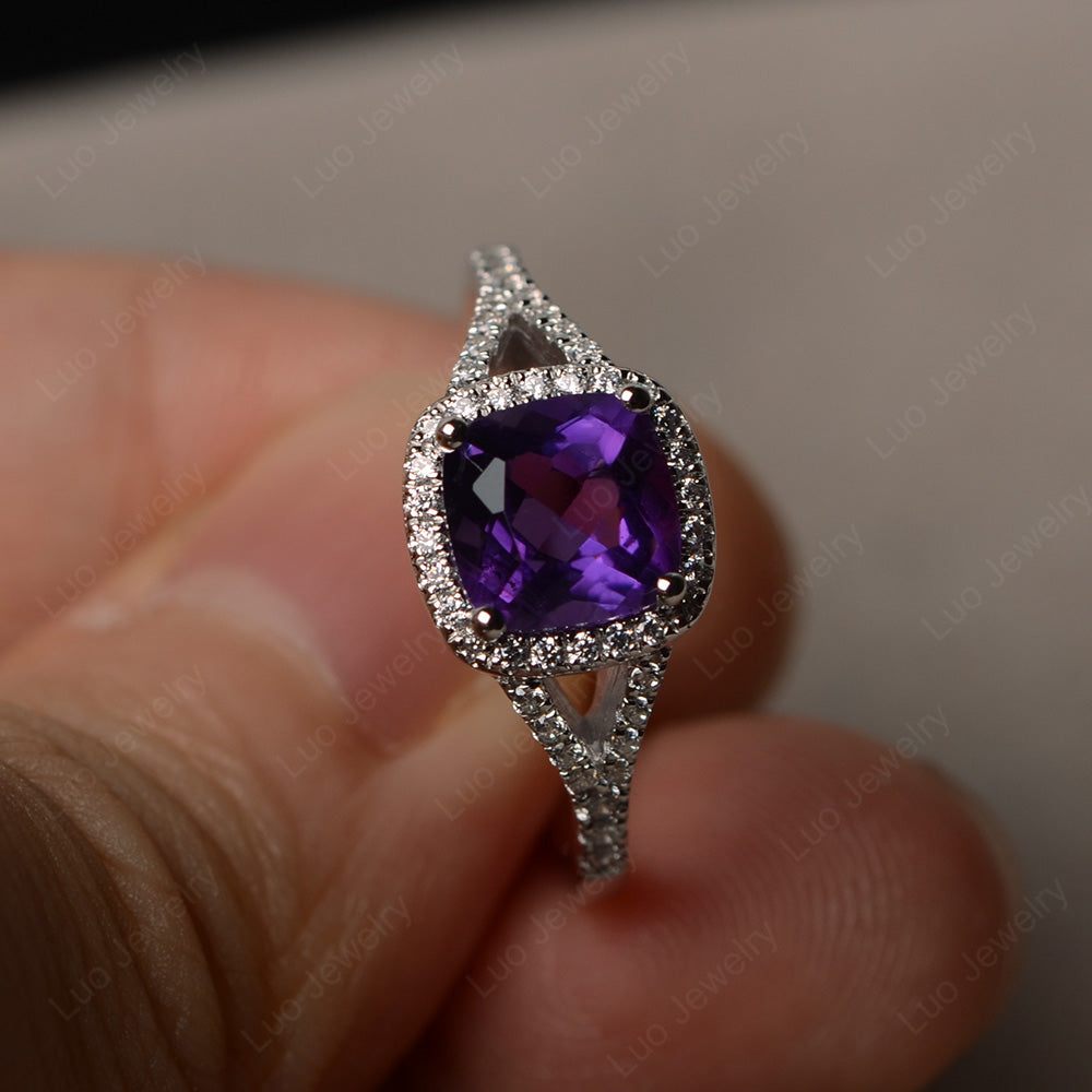 Cushion Amethyst Halo Split Shank Engagement Ring - LUO Jewelry