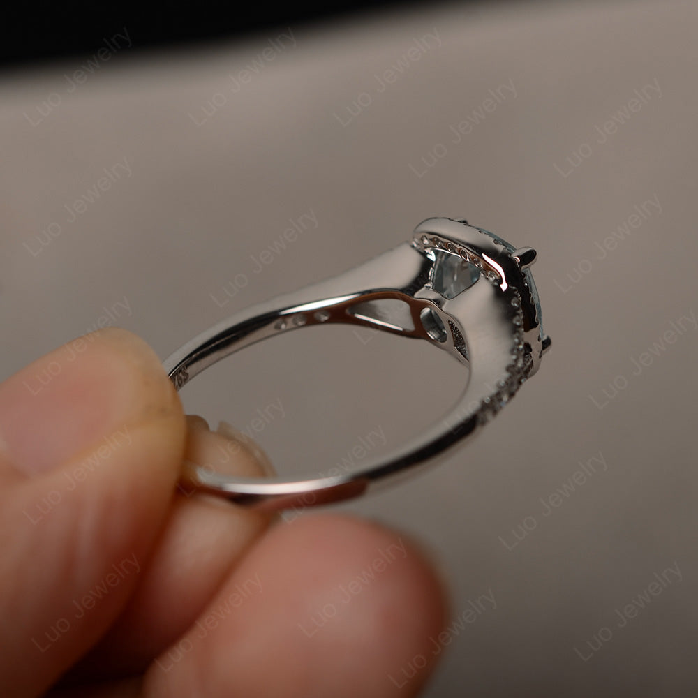 Cushion Aquamarine Halo Split Shank Engagement Ring - LUO Jewelry