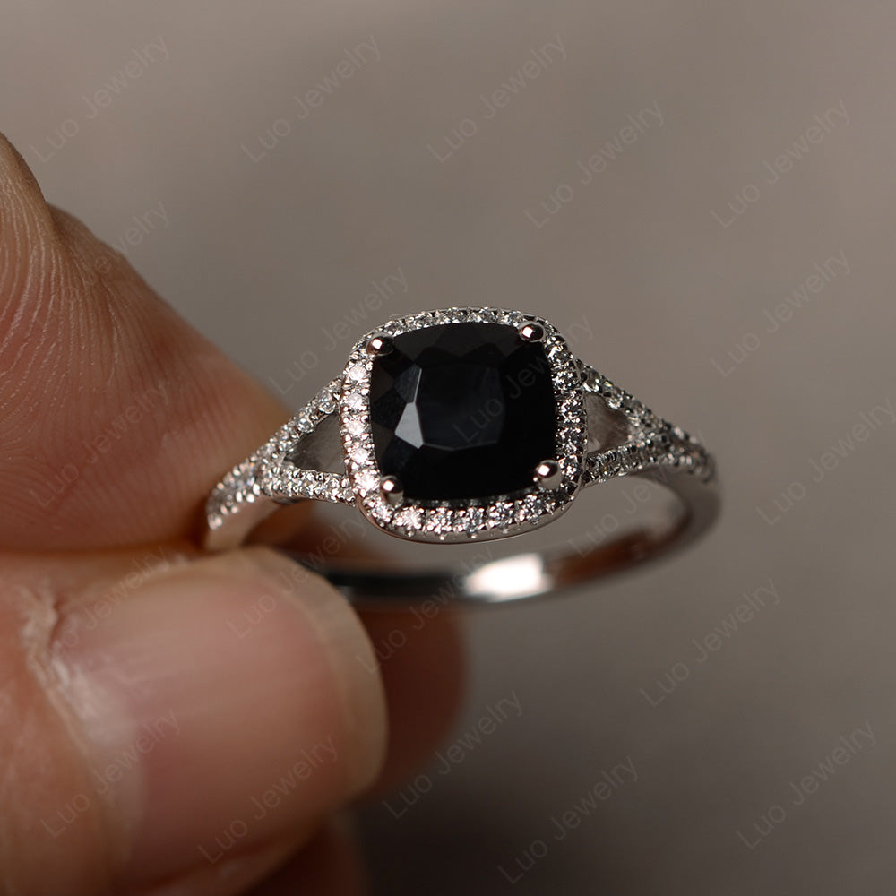 Cushion Black Spinel Halo Split Shank Engagement Ring - LUO Jewelry