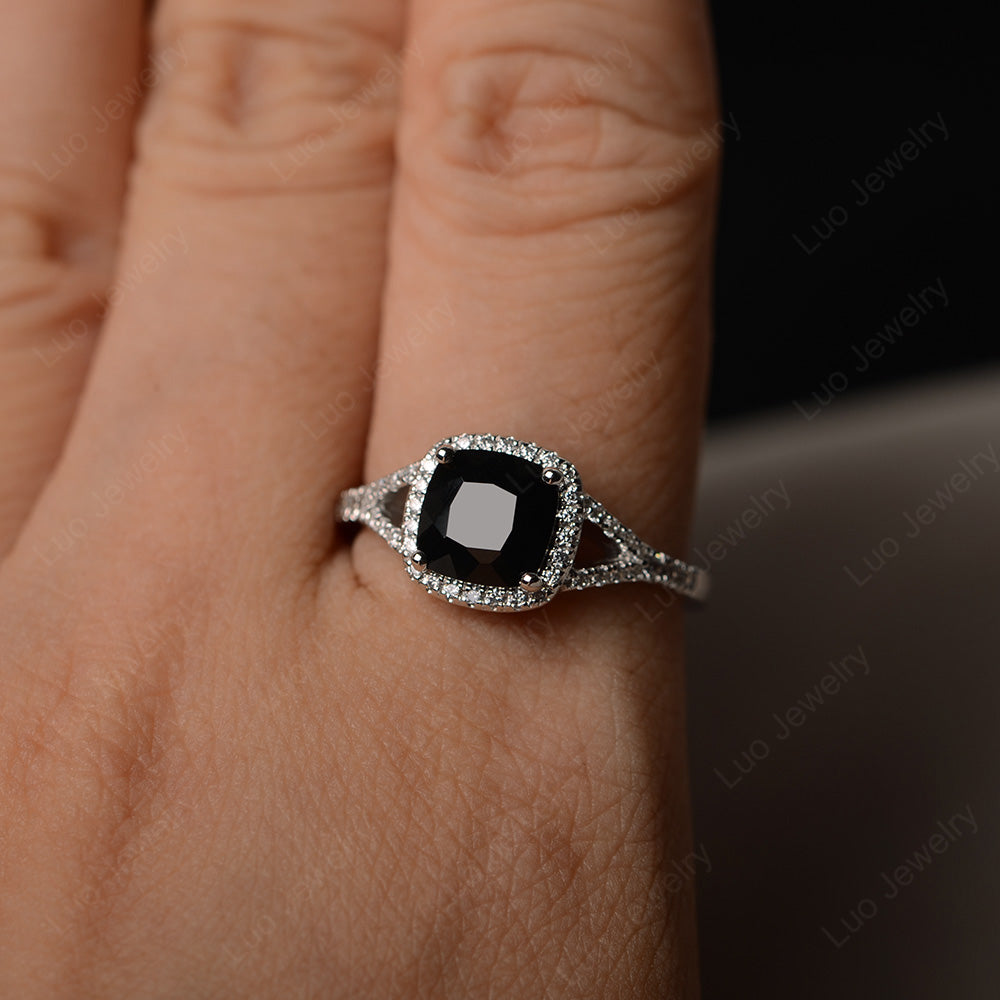 Cushion Black Spinel Halo Split Shank Engagement Ring - LUO Jewelry