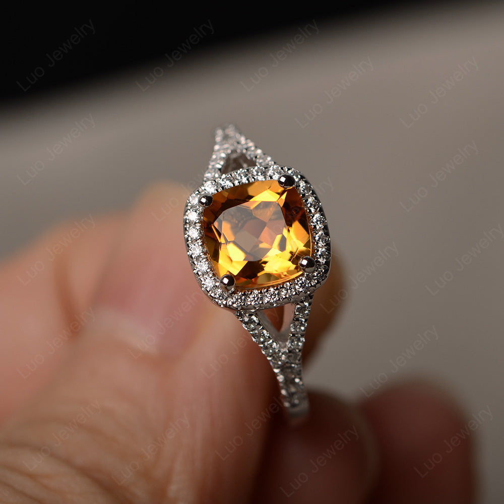 Cushion Citrine Halo Split Shank Engagement Ring - LUO Jewelry