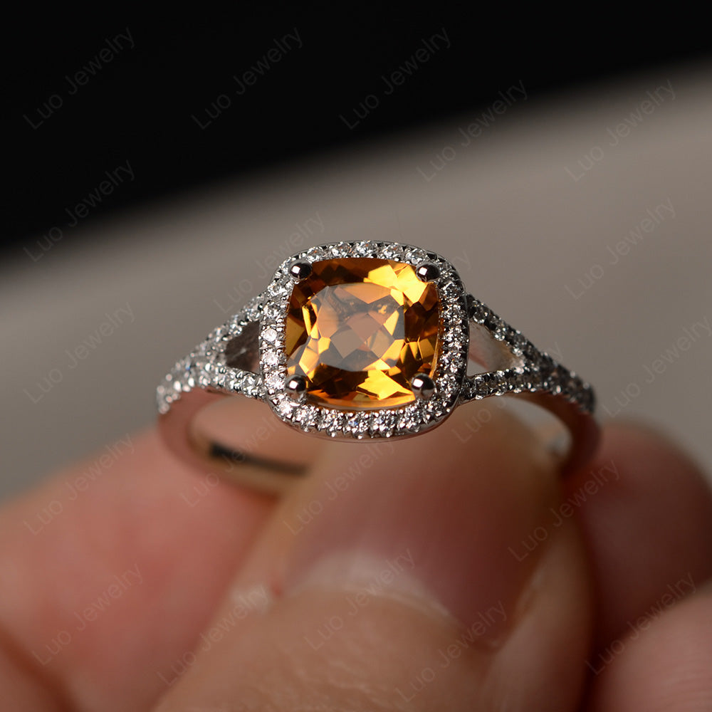 Cushion Citrine Halo Split Shank Engagement Ring - LUO Jewelry