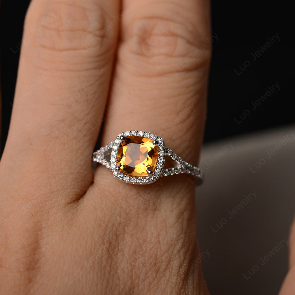 Cushion Citrine Halo Split Shank Engagement Ring - LUO Jewelry