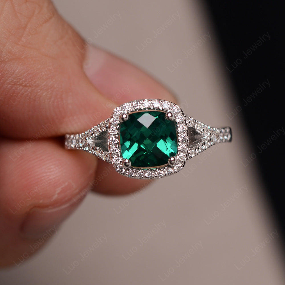 Cushion Lab Emerald Halo Split Shank Engagement Ring - LUO Jewelry