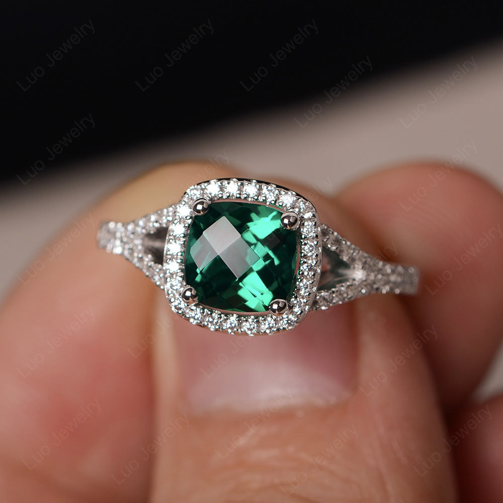 Cushion Lab Emerald Halo Split Shank Engagement Ring - LUO Jewelry