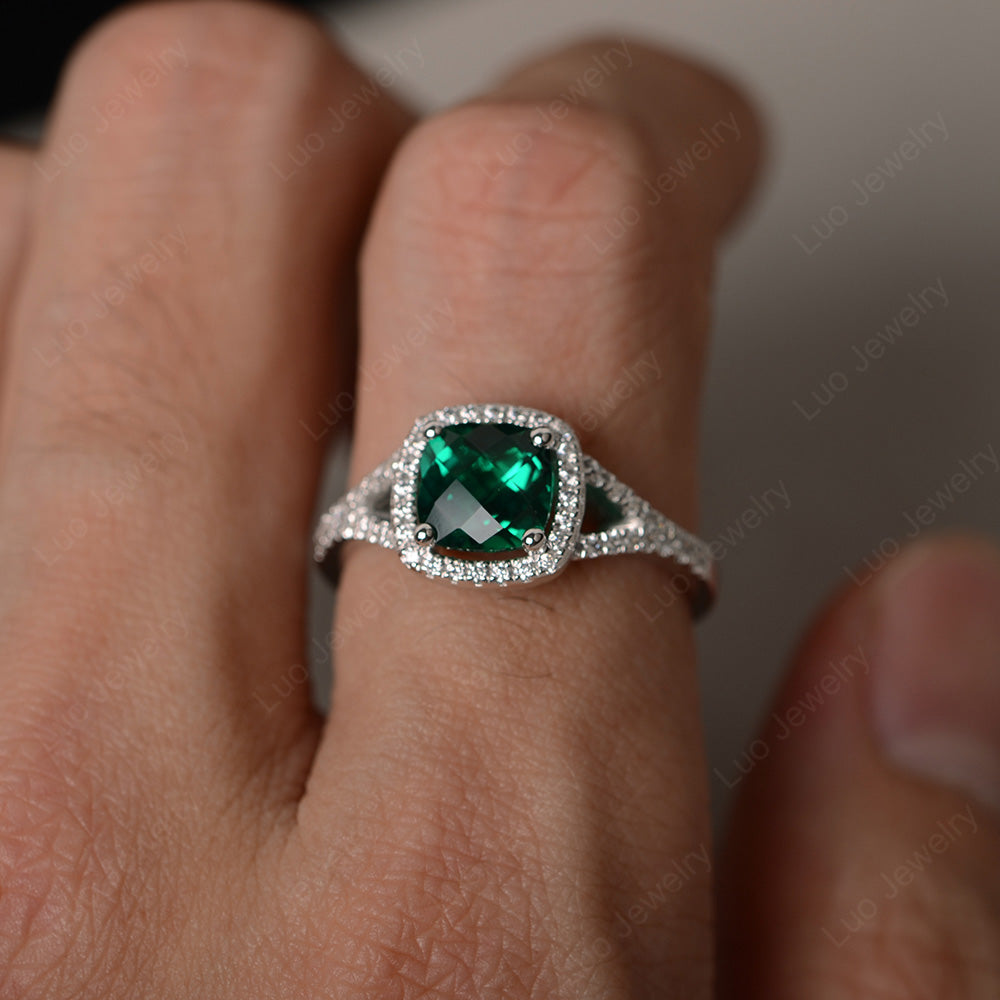 Cushion Lab Emerald Halo Split Shank Engagement Ring - LUO Jewelry