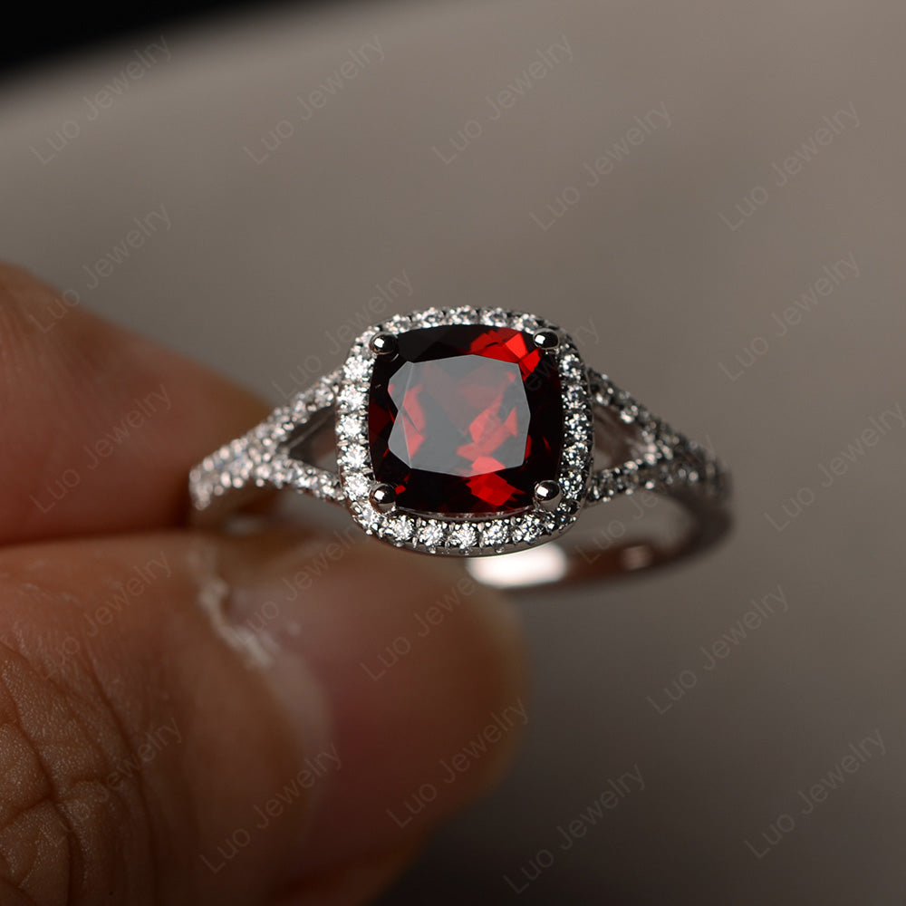 Cushion Garnet Halo Split Shank Engagement Ring - LUO Jewelry