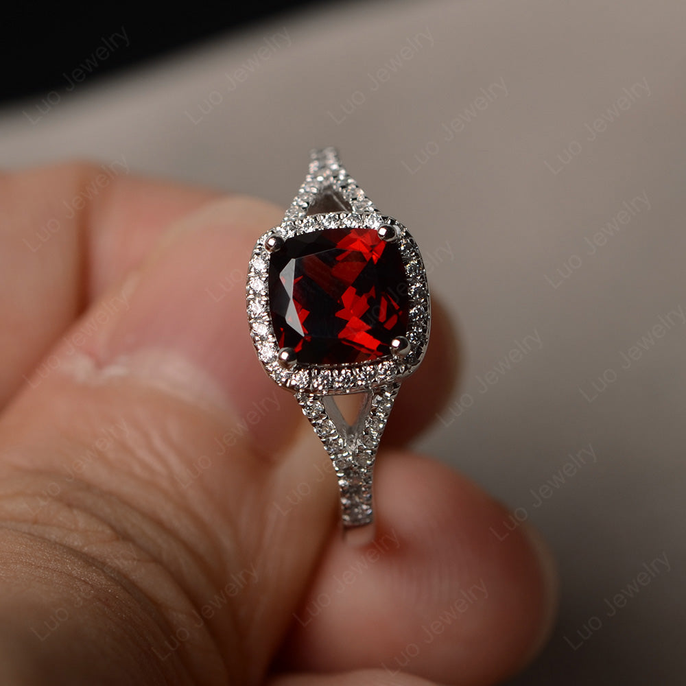 Cushion Garnet Halo Split Shank Engagement Ring - LUO Jewelry