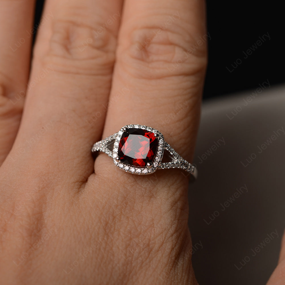 Cushion Garnet Halo Split Shank Engagement Ring - LUO Jewelry