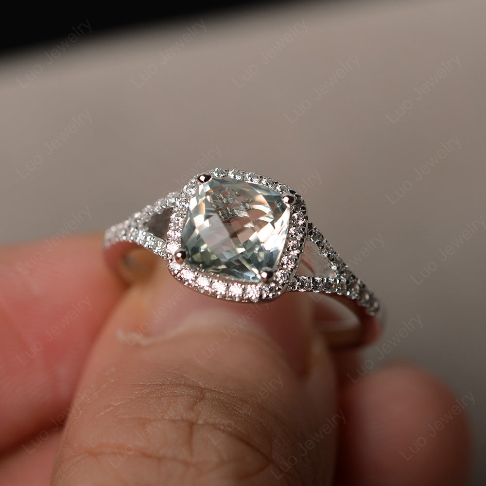 Cushion Green Amethyst Halo Split Shank Engagement Ring - LUO Jewelry