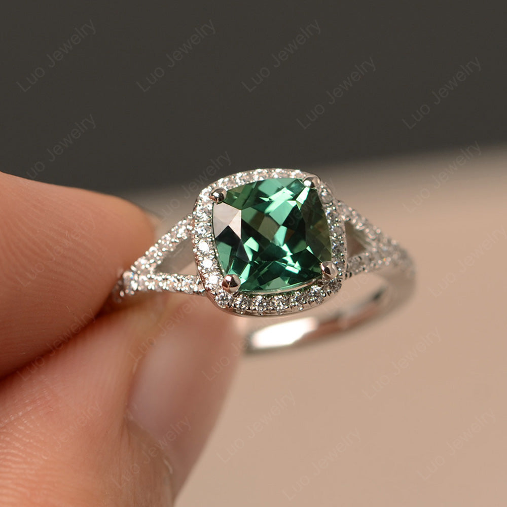 Cushion Green Sapphire Halo Split Shank Engagement Ring - LUO Jewelry