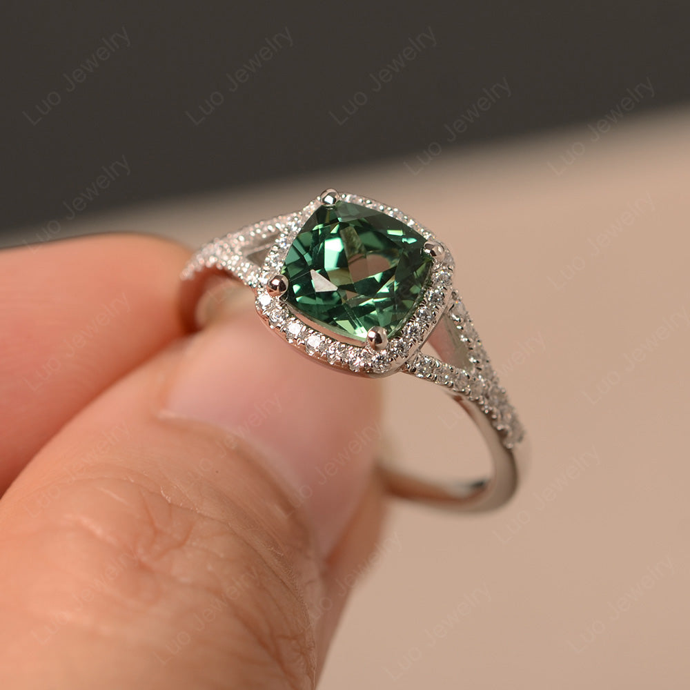 Cushion Green Sapphire Halo Split Shank Engagement Ring - LUO Jewelry