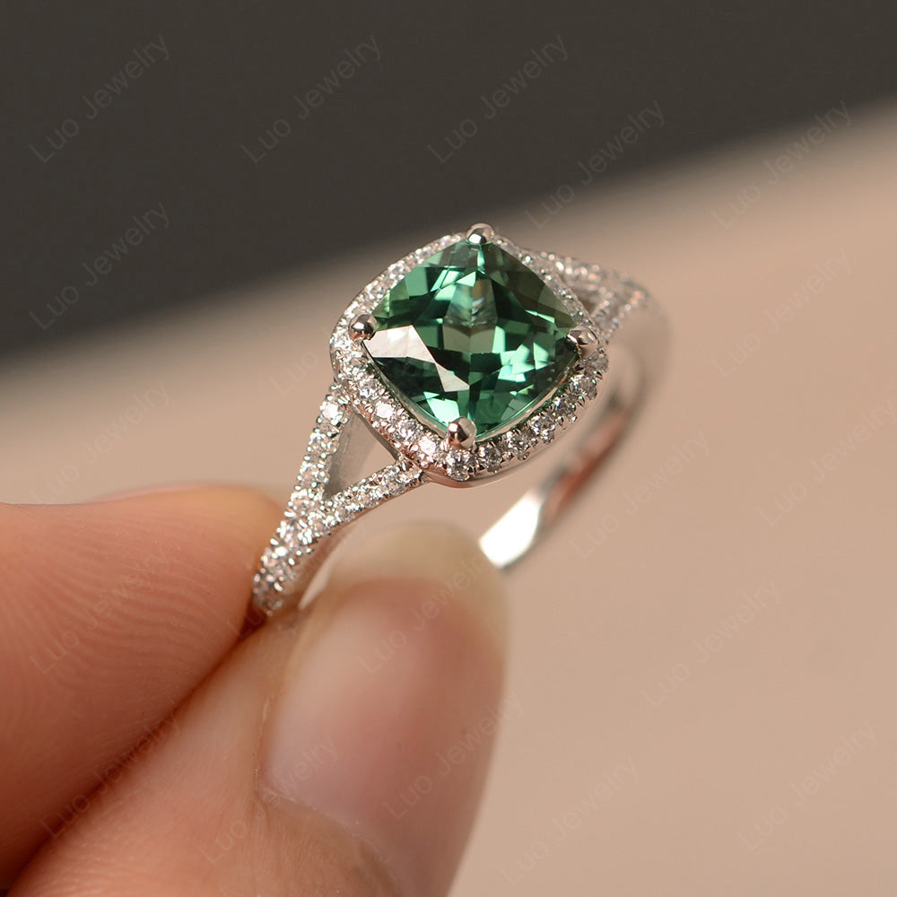 Cushion Green Sapphire Halo Split Shank Engagement Ring - LUO Jewelry