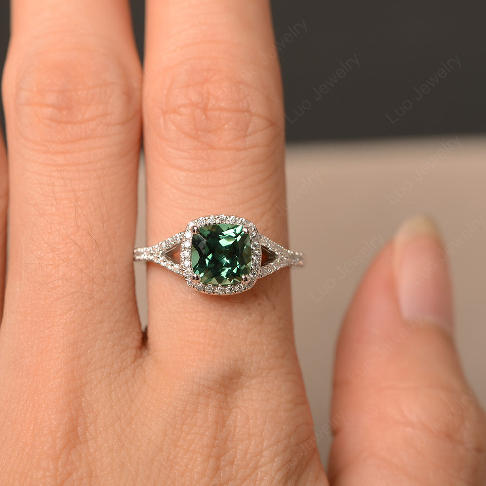 Cushion Green Sapphire Halo Split Shank Engagement Ring - LUO Jewelry