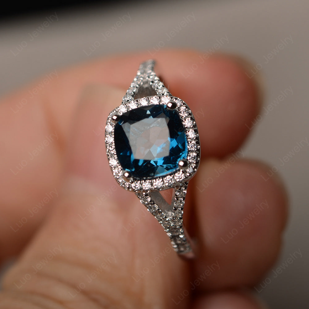 Cushion London Blue Topaz Halo Split Shank Engagement Ring - LUO Jewelry