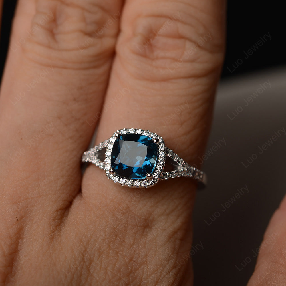 Cushion London Blue Topaz Halo Split Shank Engagement Ring - LUO Jewelry