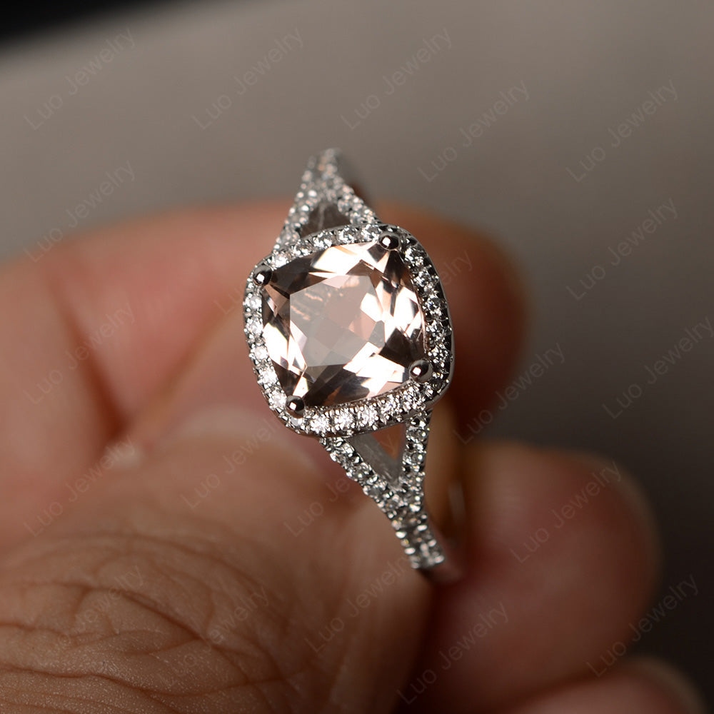 Cushion Morganite Halo Split Shank Engagement Ring - LUO Jewelry